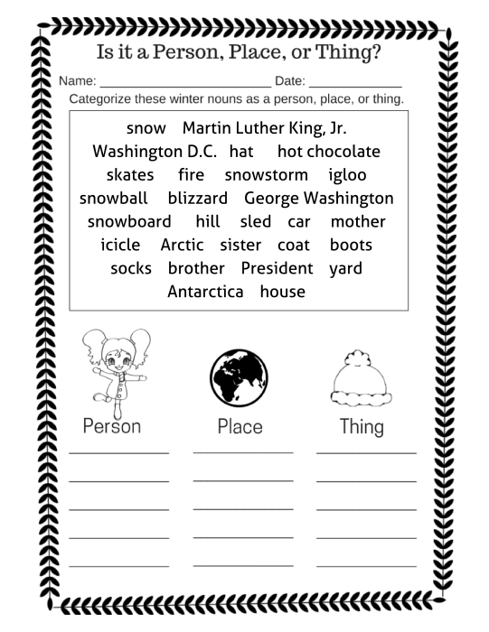 Winter Noun Categorization Practice Worksheet