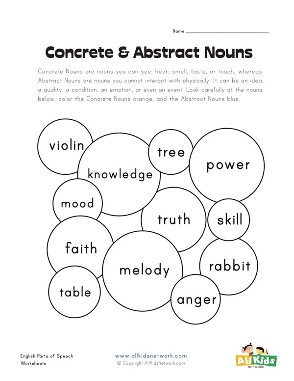 Concrete And Abstract Nouns Worksheet 1