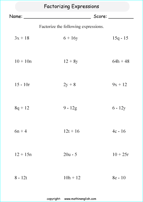 Factorize These Algebraic Expressions  Basic Algebra Worksheet For