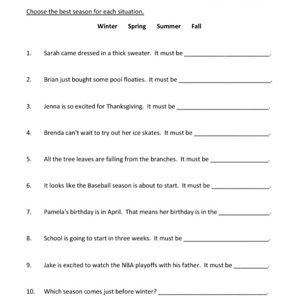 First Grade Seasons Worksheet 05 â One Page Worksheets