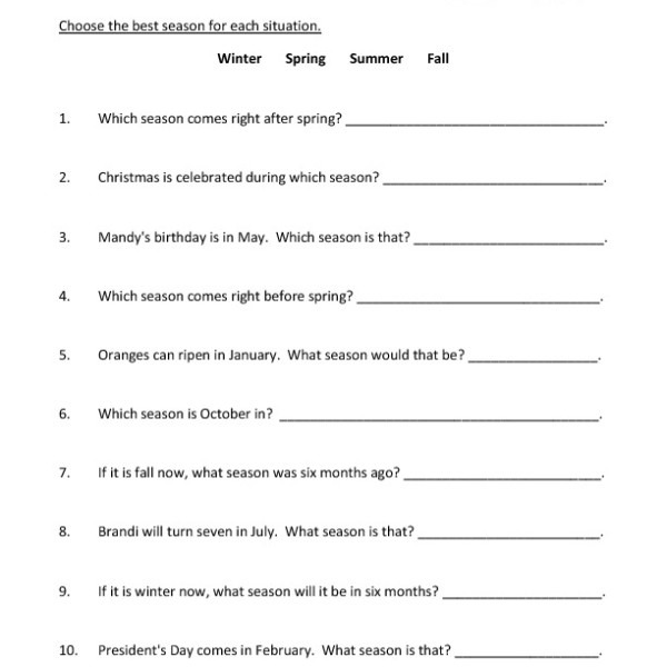 First Grade Seasons Worksheet 06 â One Page Worksheets