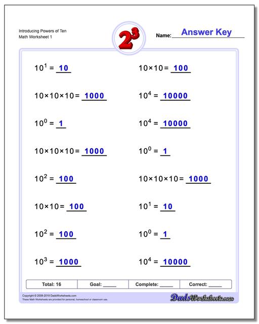 Exponents Worksheets