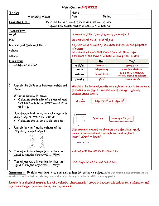 Brainpop Measuring Matter Worksheets Answers
