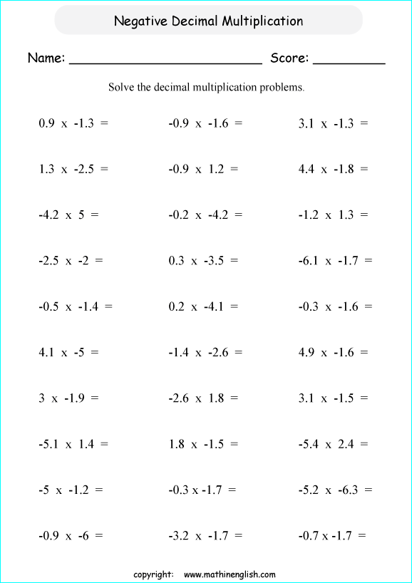 Math Multiplication Worksheet Of Negative Decimals  Great Math