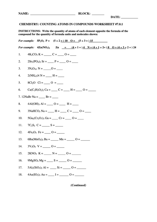 Chemistry  Counting Atoms In Compounds Worksheet Printable Pdf