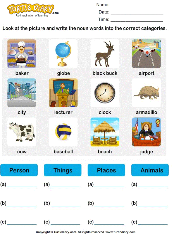 Sort Nouns As Person Place Animal Or Thing Worksheet