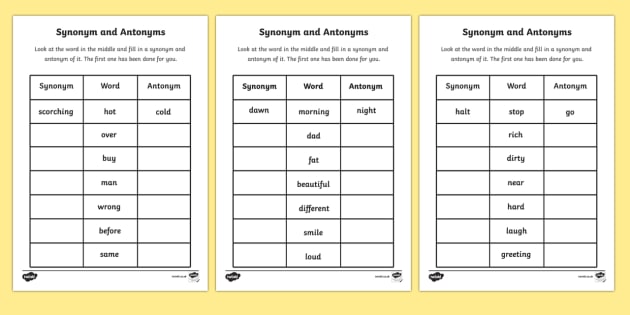 Synonyms And Antonyms Worksheet