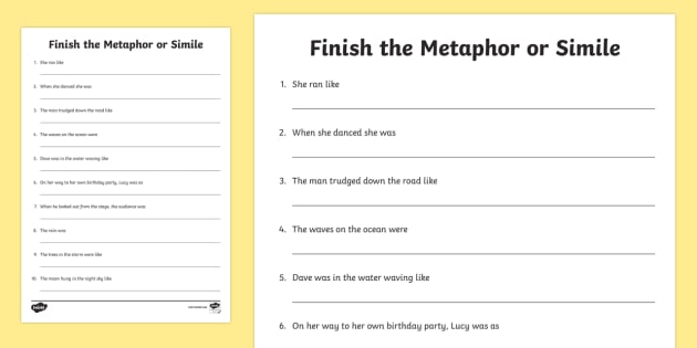 Finish The Metaphor Or Simile Worksheet   Worksheet