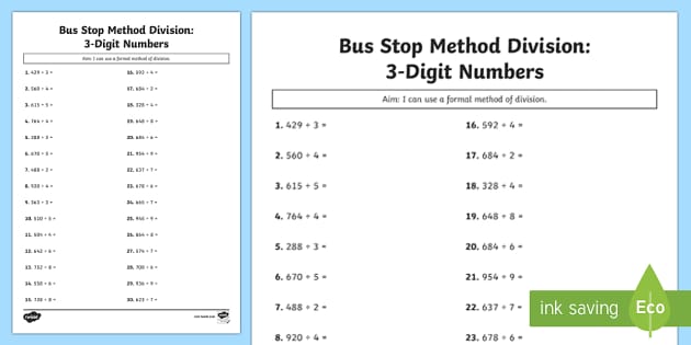 Bus Stop Method Formal Division Of 3 Digit Numbers Worksheet