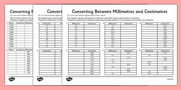 Converting Between Centimetres And Metres And Millimetres Worksheet
