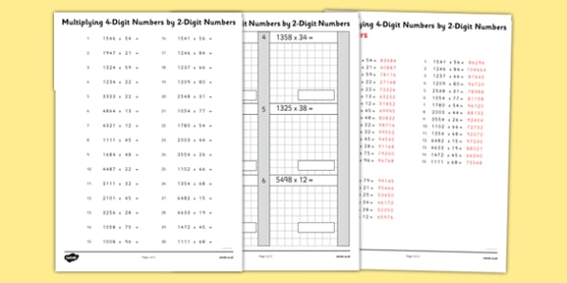 Multiplying 4 Digit Numbers By 2 Digit Numbers Worksheet