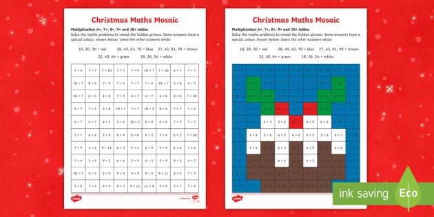 6, 7, 8 And 9 Times Tables Christmas Multiplication Mosaic Worksheet
