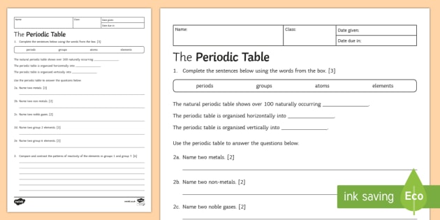 Periodic Table Homework Worksheet   Worksheet