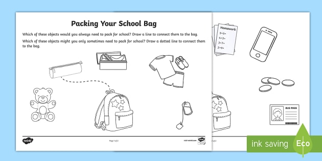 Packing Your School Bag Worksheet   Worksheet