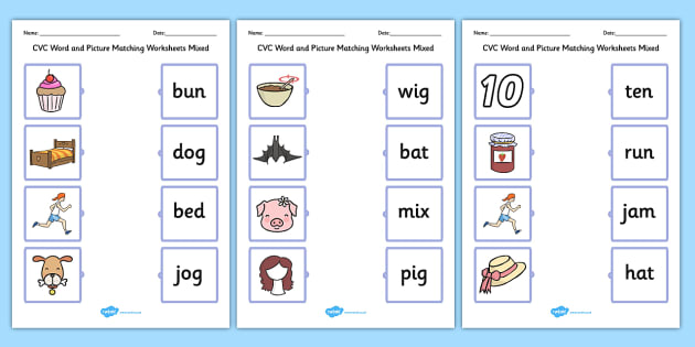 Cvc Word And Picture Matching Mixed Worksheets