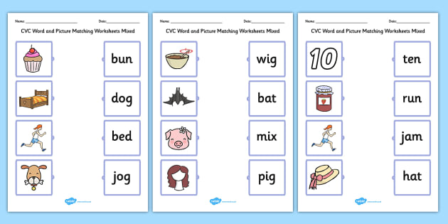 Cvc Word And Picture Matching Mixed Worksheets