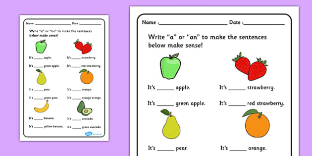 A Or An Worksheet Fruit