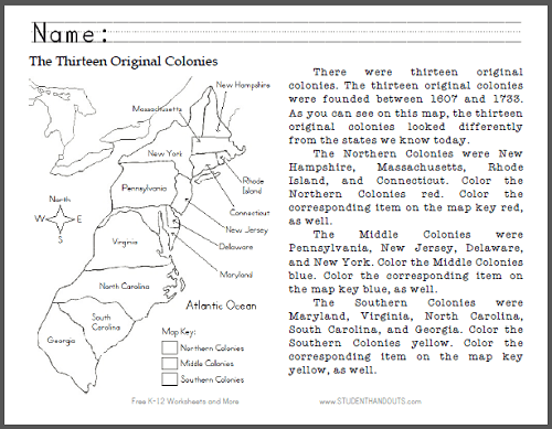 Thirteen Original Colonies Map Worksheet