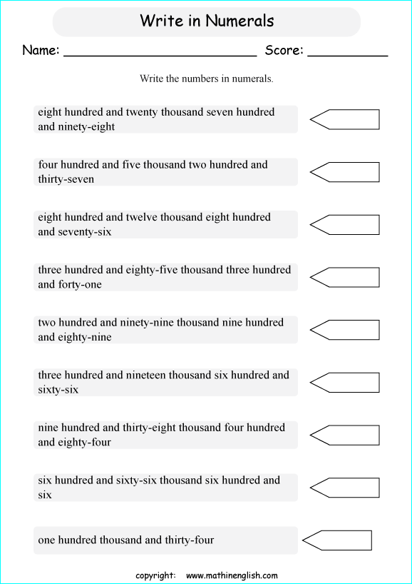 Write Numerals Up To 1 Million Given The Number Words  Grade 5