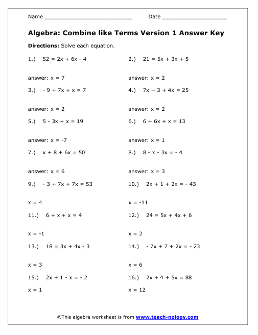 Combine Like Terms Worksheet Version 1 Answer Key