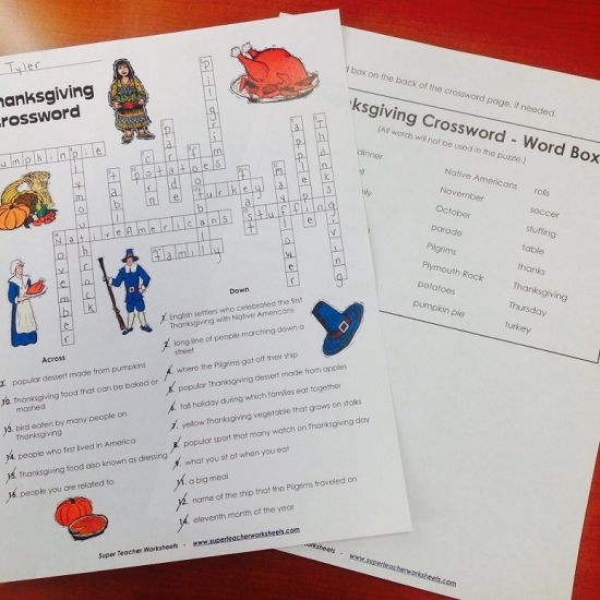 Thanksgiving Crossword Puzzle From Super Teacher Worksheets