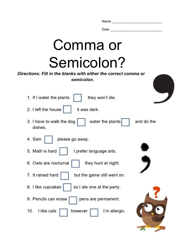 Comma Or Semicolon  Punctuation Worksheet (middle School