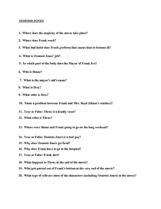 Movie Quiz  Osmosis Jones Worksheet