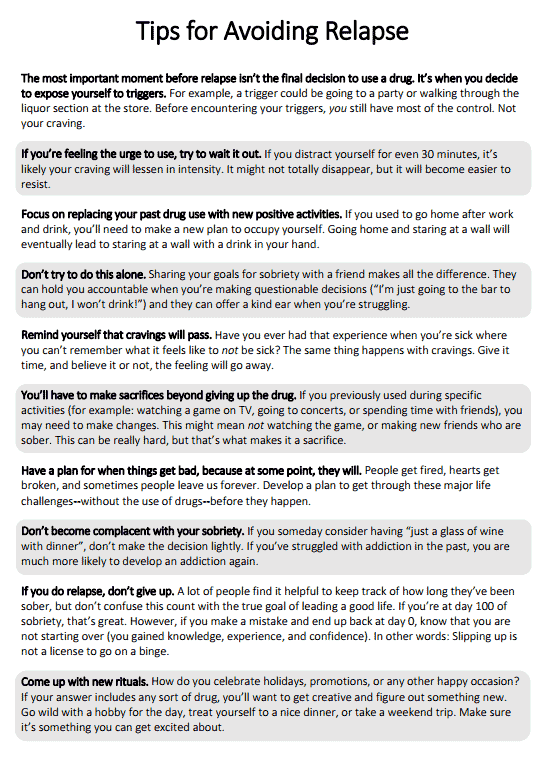 Tips For Avoiding Relapse (worksheet