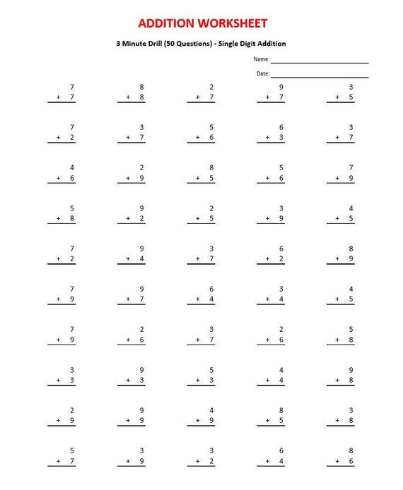 Addition 3 Minute Drill (10 Worksheets) Pdf  Year 1, 2, 3  Grade 1
