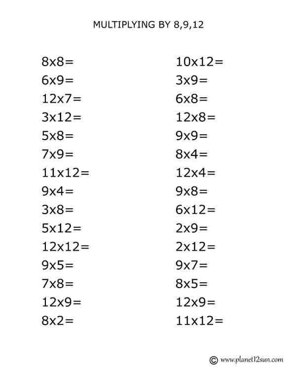 Multiplying By 8,9,12