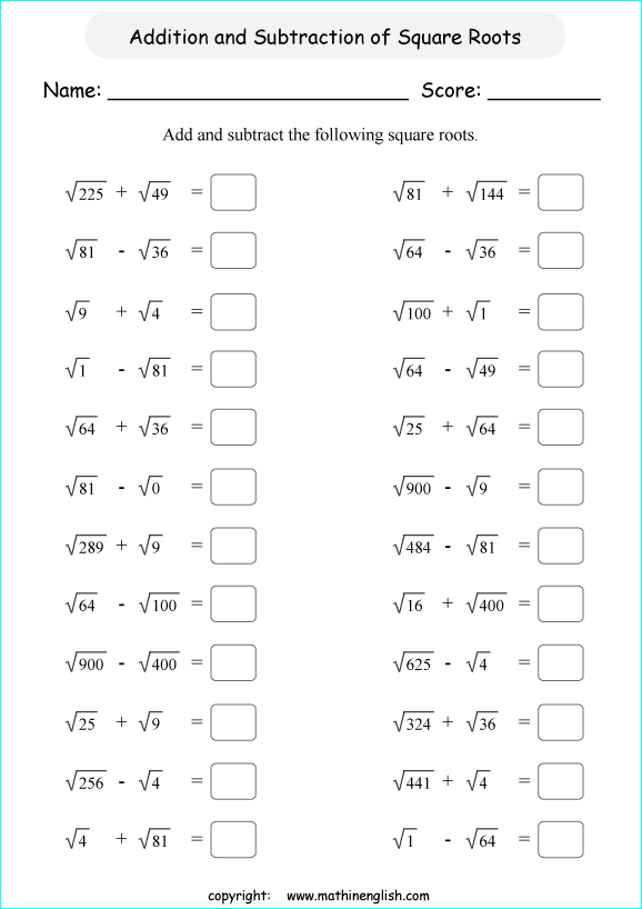 Add Or Subtract 2 Perfect Square Roots Math Worksheet Or Grade 6