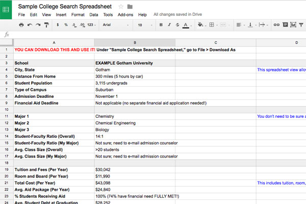 College Search Spreadsheet Template