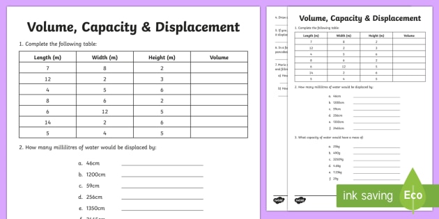 Volume Capacity Displacement Worksheet   Worksheet