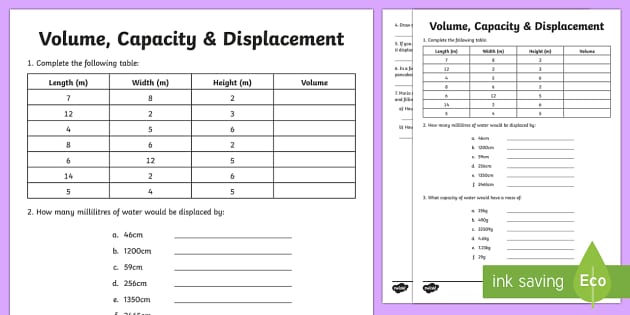 Volume Capacity Displacement Worksheet   Worksheet
