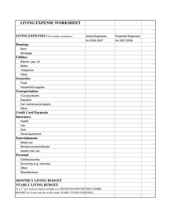 Monthly Living Expenses Worksheet