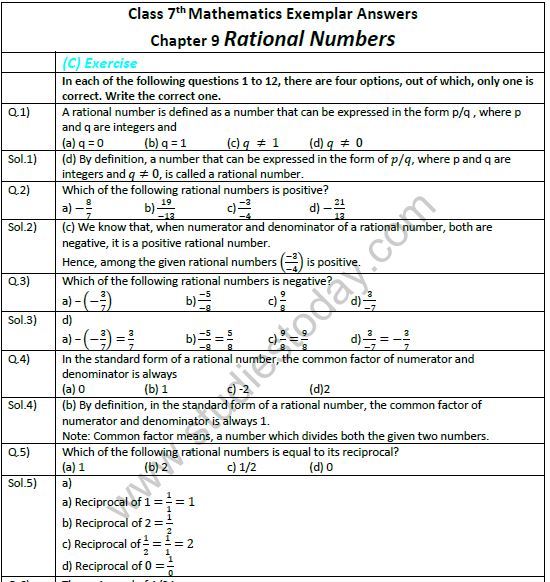 Rational Numbers For Class 7 Worksheets