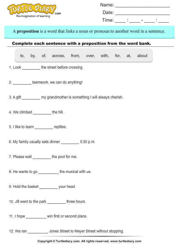 Choose Correct Preposition To Complete The Sentence Worksheet