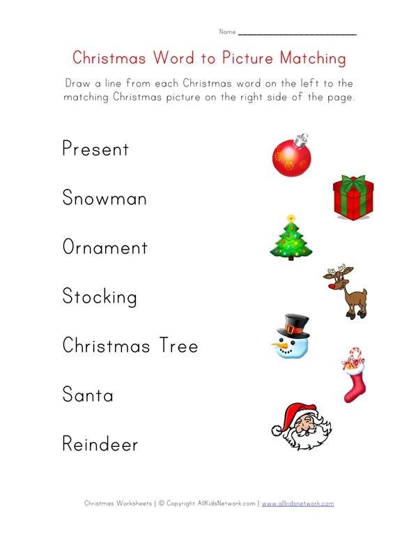 Christmas Word Matching Worksheet For Kids
