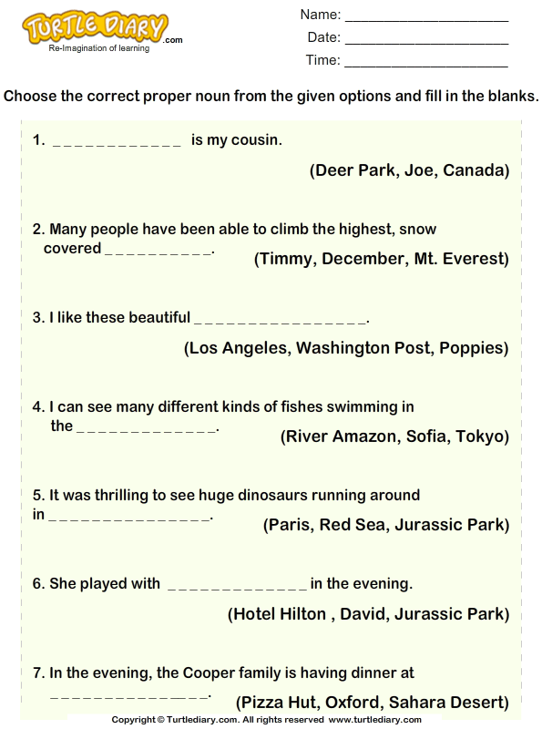 Determine The Proper Noun For Each Sentence Worksheet