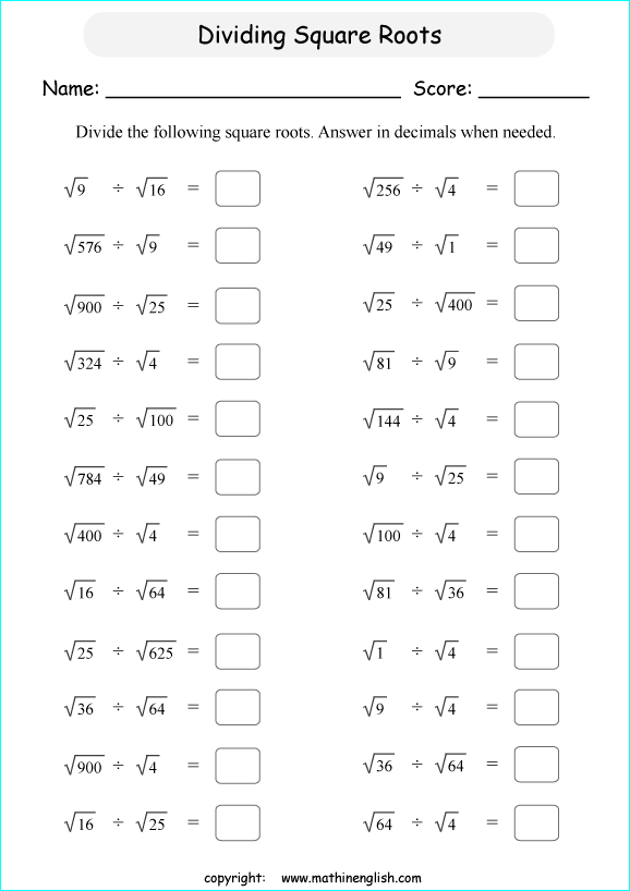 Divide Perfect Square Roots By Square Roots Math Worksheet For