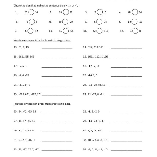 Eighth Grade Ordering Integers Worksheet 05 â One Page Worksheets