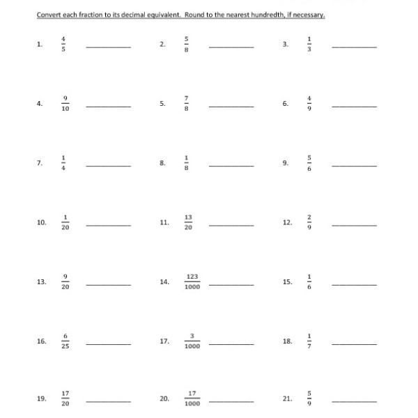 Fifth Grade Convert Fractions To Decimals Worksheet 06 â One Page