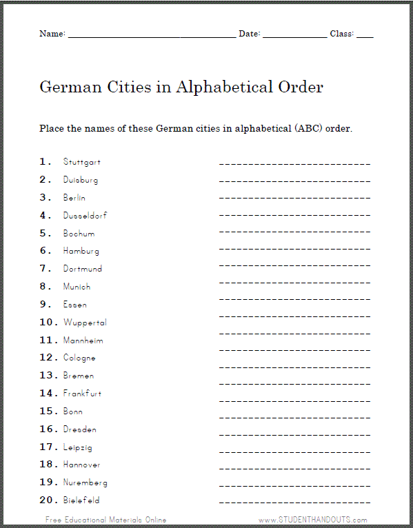 German Cities In Abc Order Worksheet