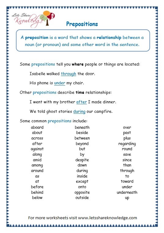 Grade 3 Grammar Topic 17  Prepositions Worksheets
