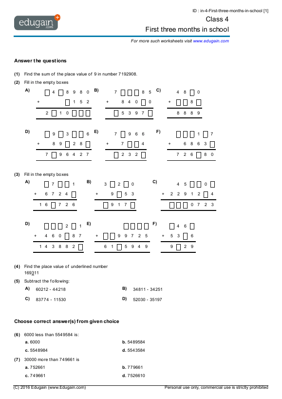 Class 4 Math Worksheets And Problems  First Three Months In School