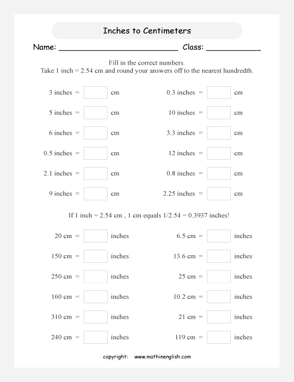 Convert Inches In Centimeters Math Worksheet  Convert The Metric