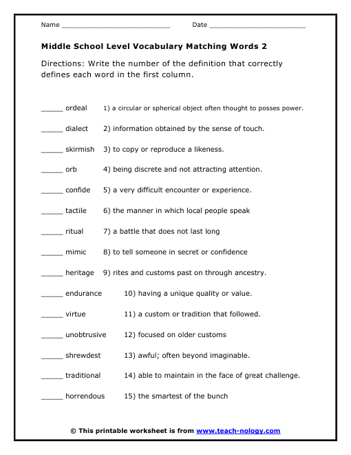 High School Vocabulary Worksheets