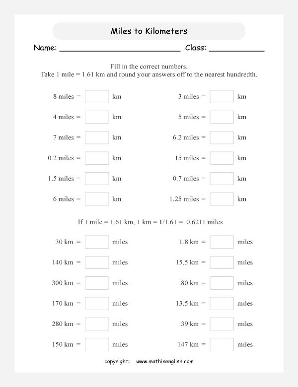 Convert Miles In Kilometers Math Worksheet  Convert The Metric