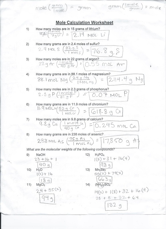 Mole Calculation Worksheet Answers With Work