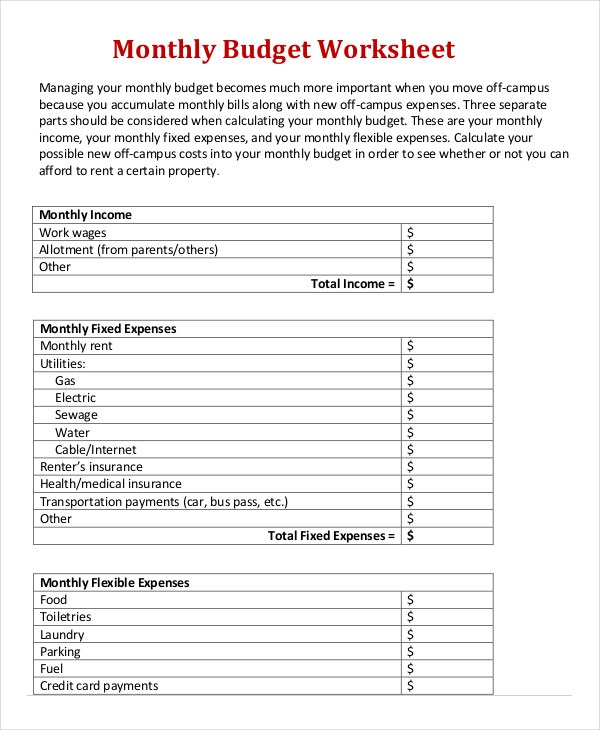 Monthly Expense Worksheet